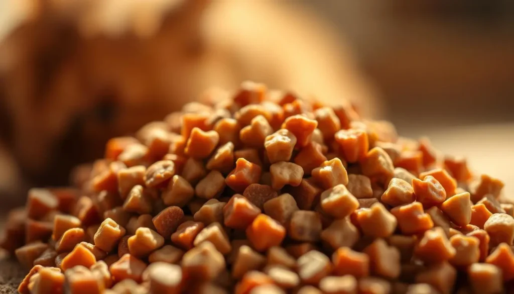 A meticulously crafted close-up photograph of a pile of Wellness Core high-quality cat food, showcasing its dense, nutrient-rich kibble texture and appetizing color. The lighting is warm and natural, casting soft shadows that accentuate the dimensional quality of the food. The foreground is in sharp focus, drawing the viewer's attention to the healthy, wholesome ingredients. The background is subtly blurred, creating a sense of depth and emphasis on the star of the image - the Wellness Core cat food itself. The overall mood is one of nourishment, quality, and the promise of a healthy, vibrant feline companion. Wellness Core Cat Food
