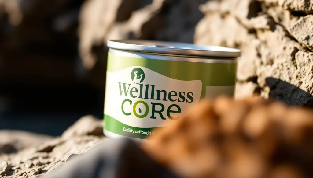 A high-quality product shot of Wellness Core cat food in a natural, well-lit setting. The cat food bag is prominently displayed in the foreground, showcasing the brand's logo and packaging design. The middle ground features a clean, minimal background, allowing the product to be the focal point. Subtle, warm lighting from the side casts soft shadows, accentuating the texture and quality of the cat food. The overall mood is one of premium, healthy pet nutrition, conveying the essence of the Wellness Core brand. Wellness Core Cat Food