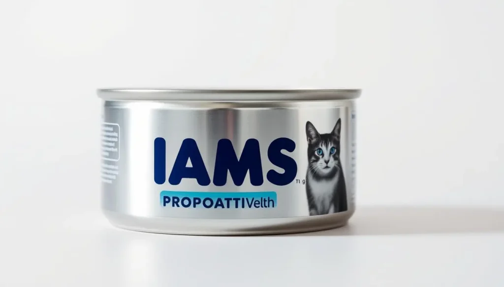 A sleek, metallic silver can of Iams Proactive Health Urinary Cat Food rests on a clean, minimalist surface. The can's label features bold, navy blue typography and an eye-catching graphic of a cat, prominently displaying the "Iams" and "Urinary" branding. Soft, directional lighting from the left casts subtle shadows, accentuating the can's contours and creating a sense of depth. The background is a pristine, white studio setting, allowing the product to be the sole focus of the image. The overall mood is one of high-quality, premium pet nutrition that caters to the specific health needs of cats. Iams Urinary Cat Food
