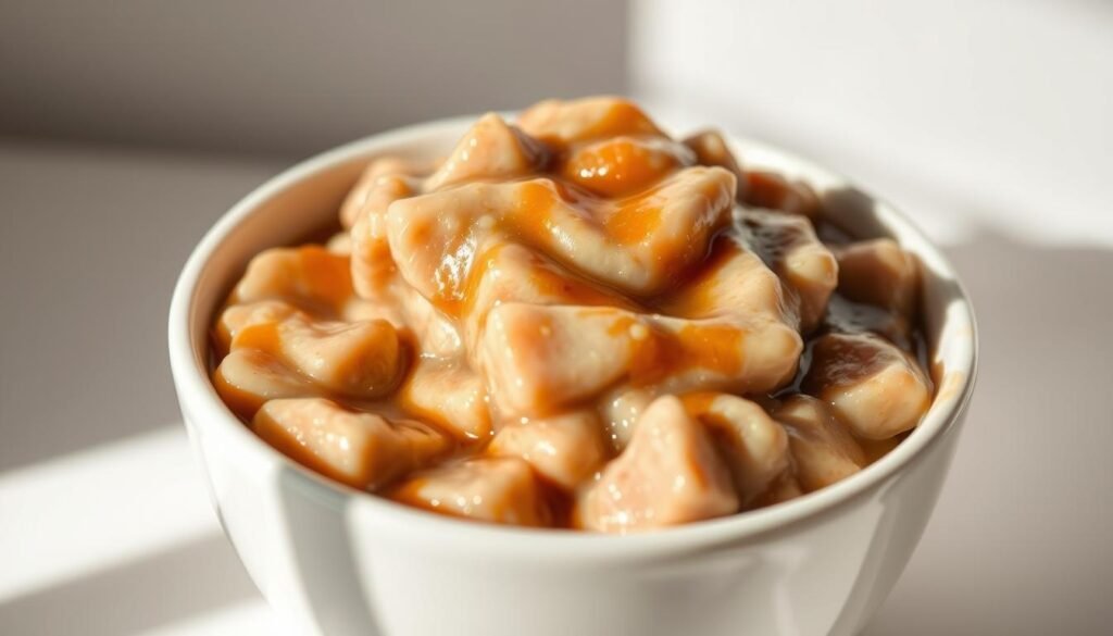 A close-up shot of a bowl filled with high-quality wet cat food for sensitive stomachs. The food has a soft, pâté-like texture and is glistening with a savory gravy. The bowl is set against a clean, simple background, illuminated by soft, natural lighting that casts gentle shadows, creating a soothing, appetizing atmosphere. The image conveys the idea of a nutritious, easily digestible meal that is tailored to the needs of cats with sensitive digestive systems. the best wet cat food