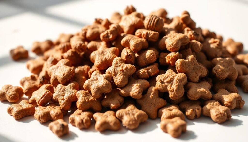 A close-up shot of a pile of Temptations Cat Treats, showcasing their nutritional value. The treats are arranged on a clean, white background, with natural lighting casting soft shadows and highlights on the crunchy, enticing morsels. The treats are depicted in vivid detail, revealing their texture, color, and appealing shape. The overall composition conveys a sense of quality, wholesomeness, and the healthy benefits these cat snacks provide. The image should evoke a desire in the viewer to share these delectable treats with their feline companion.