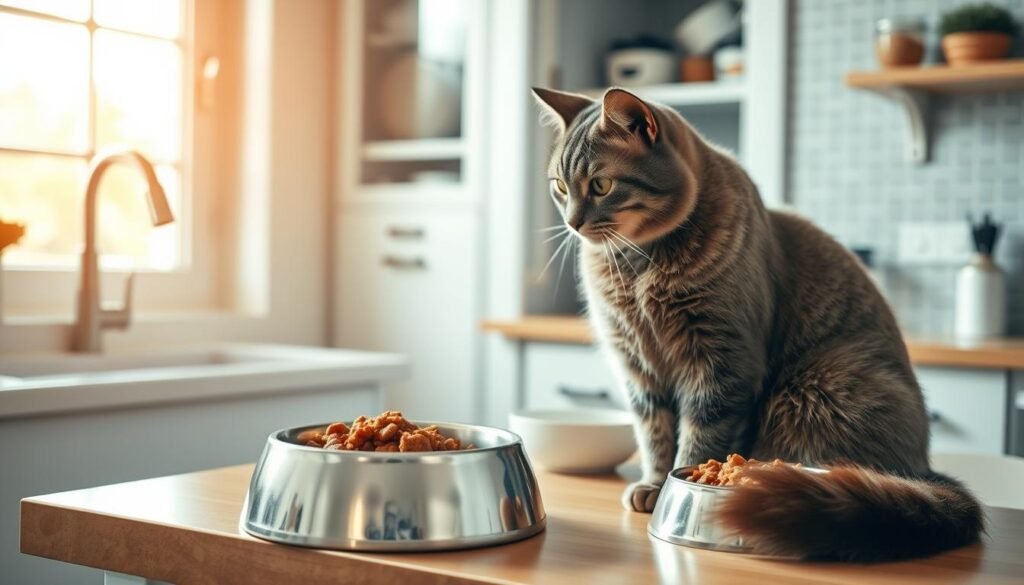A cozy kitchen counter with a sleek stainless steel bowl filled with premium wet cat food. A well-groomed feline sits patiently, its eyes fixed on the enticing meal. Soft, diffused natural lighting from a nearby window casts a warm glow, highlighting the cat's silky fur. In the background, a tidy pantry and neatly organized shelves suggest a carefully curated, pet-friendly environment. The scene exudes a sense of comfort, care, and attention to the cat's nutritional needs, embodying the "best cat feeding practices" for a healthy, happy feline companion. A cozy kitchen counter with a sleek stainless steel bowl filled with premium wet cat food. A well-groomed feline sits patiently, its eyes fixed on the enticing meal. Soft, diffused natural lighting from a nearby window casts a warm glow, highlighting the cat's silky fur. In the background, a tidy pantry and neatly organized shelves suggest a carefully curated, pet-friendly environment. The scene exudes a sense of comfort, care, and attention to the cat's nutritional needs, embodying the "best cat feeding practices" for a healthy, happy feline companion.