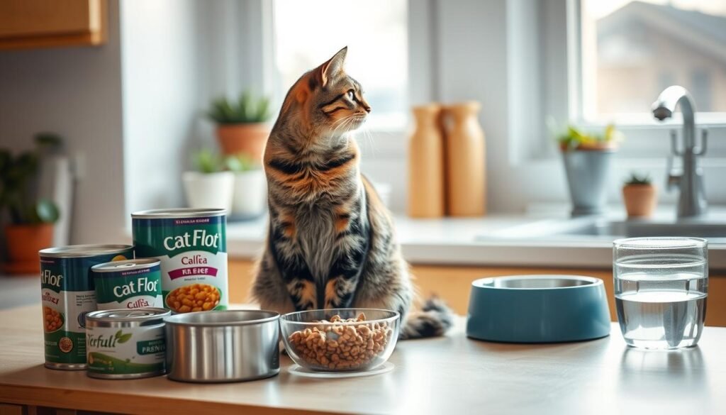 A cozy kitchen countertop, bathed in soft, natural light from a nearby window. On the surface, a well-stocked selection of cat food cans, kibble, and fresh water bowls. A tabby cat sits attentively, watching the scene with a mix of curiosity and anticipation. In the background, hints of potted plants and a clean, organized space that exudes a sense of care and attention to the feline's needs. The composition is balanced, the lighting is warm and inviting, and the overall atmosphere conveys the importance of proper, healthy cat feeding practices.