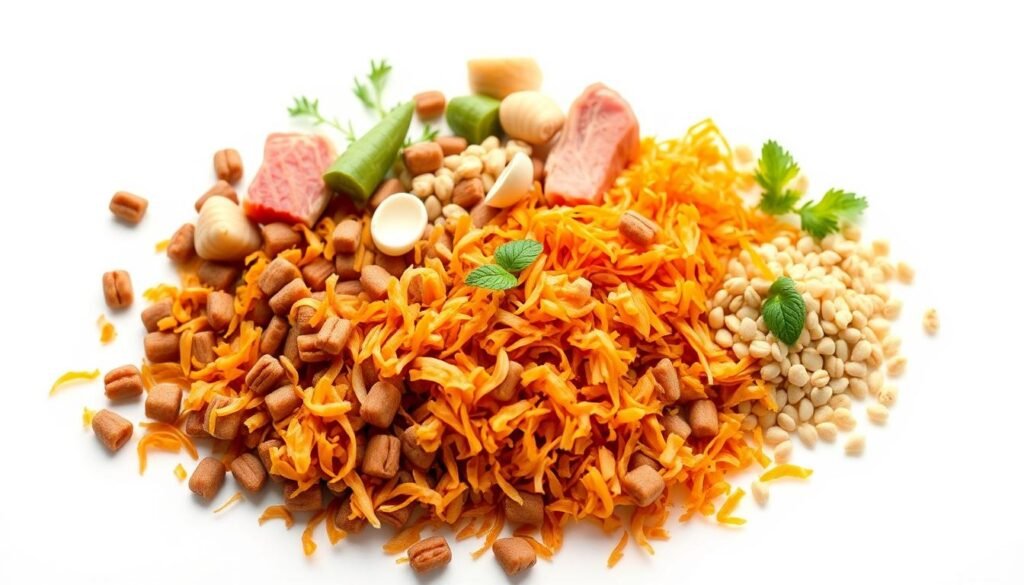 A gourmet arrangement of healthy soft cat food, resting on a pristine white backdrop. The foreground features an assortment of moist, shredded morsels in a variety of natural hues, from rich brown to vibrant orange, meticulously crafted to tempt a feline palate. The middle ground showcases complementary ingredients like tender chunks of real meat, wholesome grains, and fresh vegetables, all bathed in a soft, diffused lighting that enhances their appetizing appearance. The background maintains a clean, minimalist aesthetic, allowing the nourishing contents to take center stage. This visually striking composition conveys the balanced, nutritious nature of the ideal soft cat food, perfect for illustrating the "Ingredients to Look For in Healthy Soft Cat Food" section. A gourmet arrangement of healthy soft cat food, resting on a pristine white backdrop. The foreground features an assortment of moist, shredded morsels in a variety of natural hues, from rich brown to vibrant orange, meticulously crafted to tempt a feline palate. The middle ground showcases complementary ingredients like tender chunks of real meat, wholesome grains, and fresh vegetables, all bathed in a soft, diffused lighting that enhances their appetizing appearance. The background maintains a clean, minimalist aesthetic, allowing the nourishing contents to take center stage. This visually striking composition conveys the balanced, nutritious nature of the ideal soft cat food, perfect for illustrating the "Ingredients to Look For in Healthy Soft Cat Food" section.