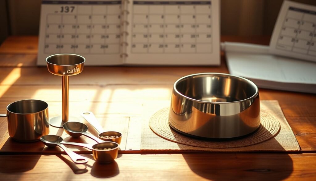 A meticulously organized cat feeding schedule, detailed with precision on a rustic wooden table. Soft, warm lighting illuminates the scene, casting gentle shadows that enhance the sense of depth. In the foreground, a set of measuring cups and spoons stand ready, their metallic surfaces gleaming. In the middle ground, a sleek cat bowl sits atop a placemat, waiting to be filled. The background features a calendar, its pages turned to the current month, highlighting the various feeding times for the feline companion. The overall mood is one of efficiency and attention to detail, reflecting the importance of maintaining a consistent feeding routine for the health and well-being of the beloved pet. A meticulously organized cat feeding schedule, detailed with precision on a rustic wooden table. Soft, warm lighting illuminates the scene, casting gentle shadows that enhance the sense of depth. In the foreground, a set of measuring cups and spoons stand ready, their metallic surfaces gleaming. In the middle ground, a sleek cat bowl sits atop a placemat, waiting to be filled. The background features a calendar, its pages turned to the current month, highlighting the various feeding times for the feline companion. The overall mood is one of efficiency and attention to detail, reflecting the importance of maintaining a consistent feeding routine for the health and well-being of the beloved pet.