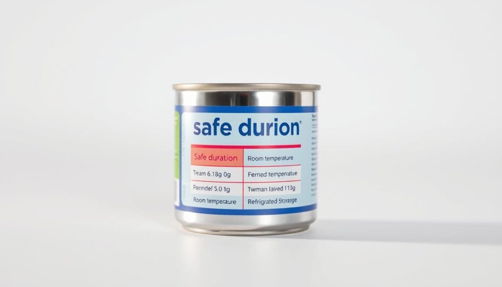 A well-lit close-up of a gleaming steel can of high-quality canned cat food, set against a clean white background. The can's label prominently displays the "safe duration" information, clearly highlighting the guidelines for room temperature and refrigerated storage. The lighting is soft and even, accentuating the can's metallic sheen and the vibrant colors of the label. The composition places the can at the center, with ample negative space around it to convey a sense of simplicity and clarity. The overall mood is one of informative, no-frills practicality, suitable for an educational article on food safety.