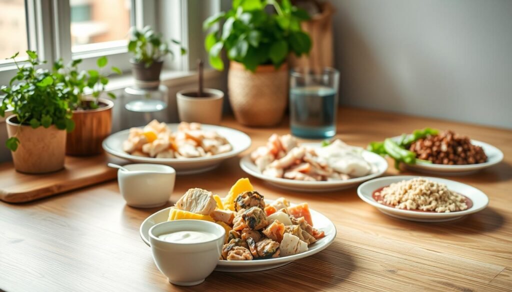 A well-lit kitchen scene with an assortment of safe cat foods arranged neatly on a wooden table. In the foreground, a plate showcases cooked chicken, tuna, and scrambled eggs, while a small bowl of plain yogurt sits nearby. In the middle ground, additional plates display boiled white fish, shredded turkey, and a sprinkle of cooked ground beef. The background features potted herbs, a glass of water, and a gentle natural light streaming through a window, creating a warm and inviting atmosphere. The overall composition emphasizes the nutritious and wholesome options available for cats from the human kitchen. A well-lit kitchen scene with an assortment of safe cat foods arranged neatly on a wooden table. In the foreground, a plate showcases cooked chicken, tuna, and scrambled eggs, while a small bowl of plain yogurt sits nearby. In the middle ground, additional plates display boiled white fish, shredded turkey, and a sprinkle of cooked ground beef. The background features potted herbs, a glass of water, and a gentle natural light streaming through a window, creating a warm and inviting atmosphere. The overall composition emphasizes the nutritious and wholesome options available for cats from the human kitchen.