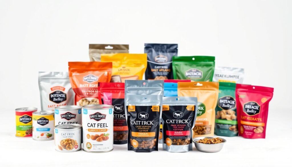 A well-lit studio shot of an assortment of freeze-dried cat food brands, arranged on a clean white backdrop. The products are displayed in their original packaging, showcasing their unique designs and branding. The foreground features several different sized cans, bags, and pouches, neatly organized to create a visually appealing composition. The middle ground includes various flavors and formulas, highlighting the diversity of the freeze-dried cat food market. The background is softly blurred, keeping the focus on the products. The lighting is soft and even, accentuating the textures and colors of the packaging materials. The overall mood is clean, professional, and informative, reflecting the subject matter of the article.