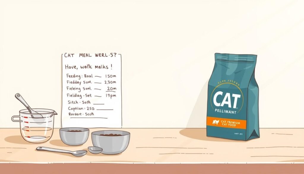Detailed illustration of a practical cat feeding schedule, featuring a clean, minimalist kitchen counter against a soft, natural light backdrop. In the foreground, several measuring cups and spoons are neatly arranged, accompanied by a handwritten feeding chart with clear meal times and portion sizes. The middle ground showcases an open bag of premium cat food, its logo and packaging design prominently displayed. Subtle textures and shadows add depth and realism, creating an organized, informative, and visually appealing scene to guide responsible cat owners.
