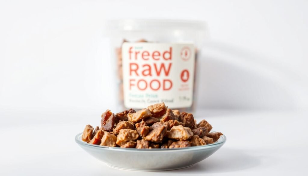 Freeze dried raw cat food, displayed on a plain white background with natural lighting. In the foreground, the food appears in a shallow dish, showcasing the texture and color of the dehydrated meat and organ morsels. The middle ground reveals the packaging - a clear plastic container with a simple label, highlighting the "raw" and "freeze dried" claims. The background is clean and minimalist, allowing the product to be the focal point. The overall mood is clinical yet inviting, emphasizing the natural, unprocessed nature of the food. Captured with a macro lens to emphasize the details of the individual pieces.