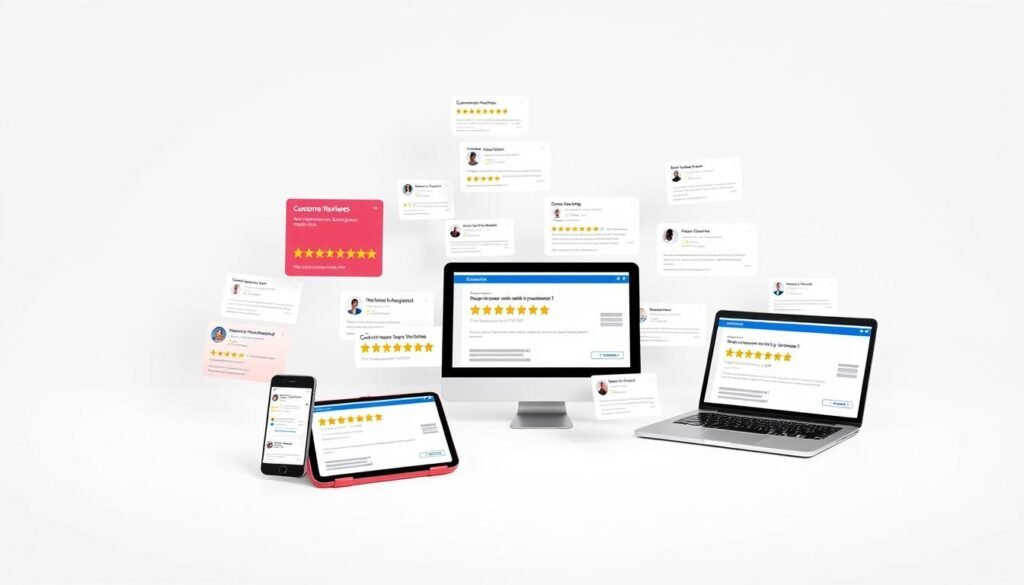 a vibrant collage of customer reviews, showcasing product ratings, testimonials, and star ratings floating in a sleek, modern layout with a clean, professional appearance. The reviews are displayed on various digital devices such as smartphones, tablets, and laptops, placed against a minimalist, white backdrop with subtle shadows and highlights to create depth and dimensionality. The overall scene conveys a sense of trust, transparency, and real-world performance, reflecting the section title "Customer Reviews, Service, and Real-World Performance". best cat dry food