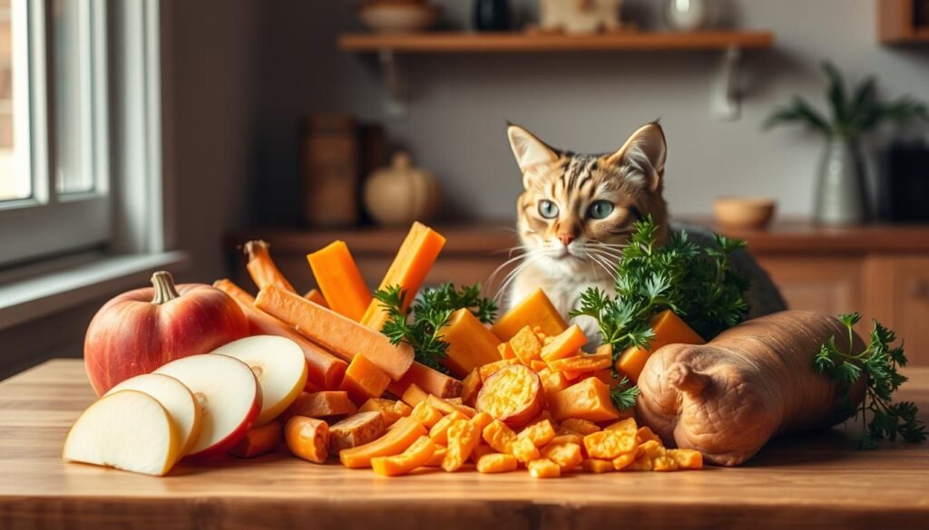 a vibrant still life of assorted cat-friendly human foods arranged on a wooden table, including sliced apples, carrot sticks, diced pumpkin, and fresh parsley sprigs, illuminated by soft natural light filtering through a window, with a warm, inviting atmosphere that showcases the healthy, safe options for cats to enjoy from the kitchen a vibrant still life of assorted cat-friendly human foods arranged on a wooden table, including sliced apples, carrot sticks, diced pumpkin, and fresh parsley sprigs, illuminated by soft natural light filtering through a window, with a warm, inviting atmosphere that showcases the healthy, safe options for cats to enjoy from the kitchen