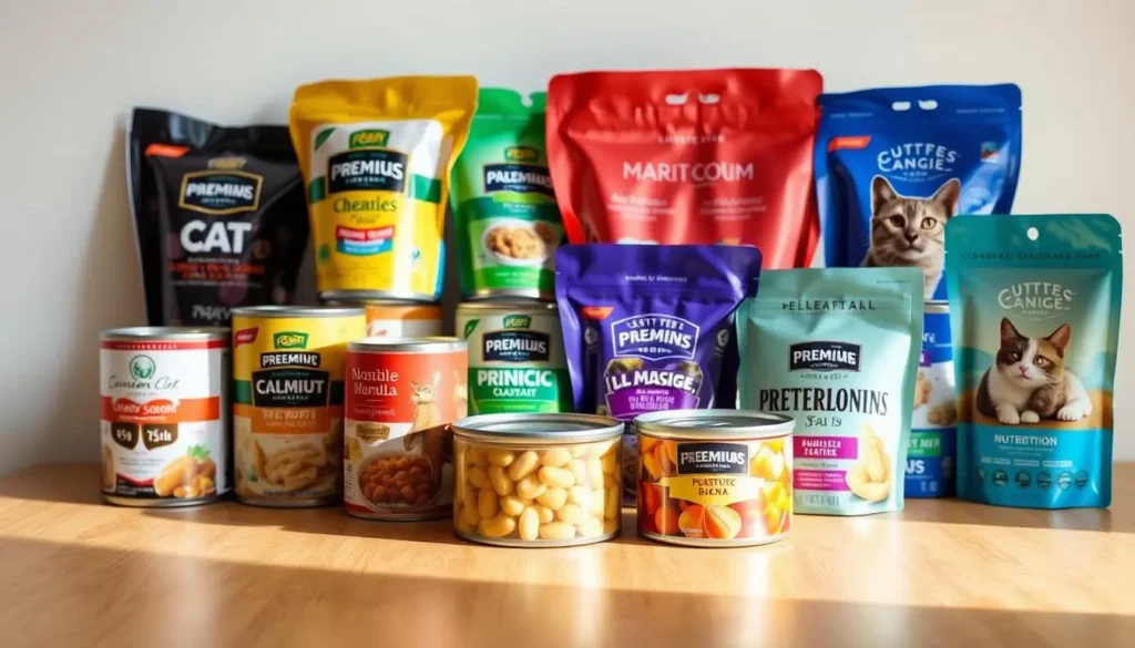 A high-quality image of various cans and pouches of premium cat wet food, showcased on a clean, well-lit wooden surface. The cans are neatly arranged, reflecting the diverse flavors and formulas available. The lighting is soft and diffused, highlighting the vibrant colors and textures of the wet food. The image exudes a sense of quality, nutrition, and feline health, aligning with the section title "How to Compare Best Cat Wet Food: Ingredients, Price, and Quality". The background is neutral, allowing the products to take center stage. cat wet food