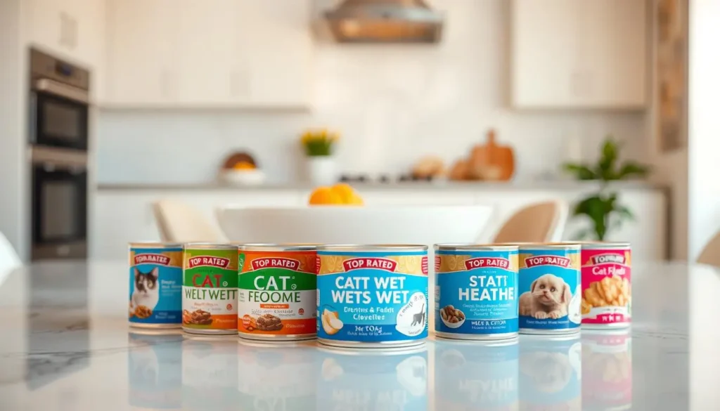 A sleek and well-lit image of several cans of top-rated cat wet food arranged in the foreground, showcasing various flavors and textures. The cans are placed on a clean, slightly reflective surface, creating a sense of high-quality and premium presentation. In the middle ground, a soft, blurred background suggests a modern, minimalist kitchen or dining area, hinting at the domestic setting where these products would be used. The lighting is warm and natural, highlighting the vibrant colors and textures of the wet food cans, inviting the viewer to imagine the delicious and nutritious contents. The overall mood is one of sophistication, quality, and the care and attention given to feline health and wellbeing. cat wet food