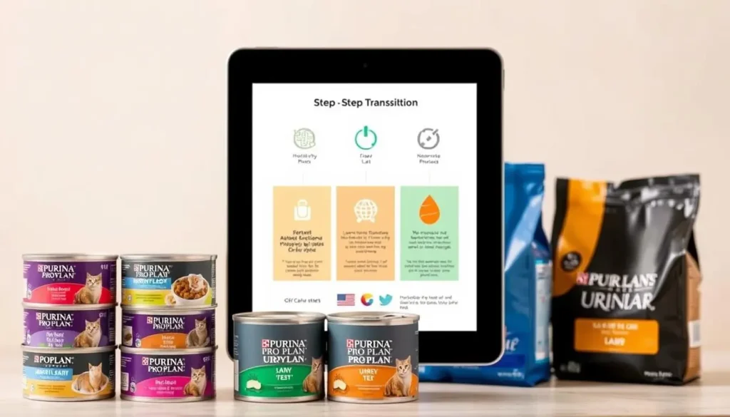 A detailed, instructional guide for transitioning a cat's diet, presented in a clean, minimalist style. In the foreground, a stack of cat food cans and bags in various Purina Pro Plan Urinary Care flavors, arranged neatly. In the middle ground, a digital tablet displaying a step-by-step transition plan, with icons and infographics. The background features a soft, neutral-toned backdrop, creating a serene, educational atmosphere. The lighting is soft and diffused, highlighting the products while maintaining a natural, approachable feel. The overall composition conveys a sense of guidance and expertise for improving a cat's urinary health through a carefully planned dietary transition. purina pro plan urinary