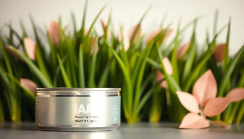 A sleek, metallic silver can of Iams Proactive Health Bladder Support for Cats sits prominently in the foreground, casting a soft, warm glow from the carefully positioned lighting. The can's label features the Iams logo and clear typography highlighting the product's function - supporting feline bladder health. In the middle ground, a lush, verdant background of stylized cat grass and soothing, pastel-toned leaves create a calming, natural atmosphere. The entire scene is captured with a shallow depth of field, gently blurring the background and drawing the viewer's focus to the central product. The overall mood is one of wellness, quality, and care for a cat's wellbeing. Iams Urinary Cat Food