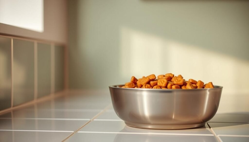 A cozy kitchen setting with a stylized, well-appointed cat feeding station. In the foreground, a sleek, ceramic cat bowl filled with wet cat food sits on a tiled counter, bathed in soft, natural lighting from a large window. In the middle ground, a curious tabby cat watches intently, its paws poised, ready to enjoy its mealtime routine. The background features a minimalist, Scandinavian-inspired cabinetry and appliances, creating a harmonious, serene atmosphere conducive to a cat's mealtime. The overall scene conveys a sense of comfort, care, and attention to the cat's feeding habits and preferences. How Long Can Wet Cat Food Safely Stay Out?