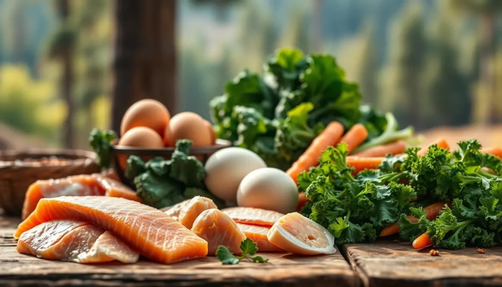 A close-up shot of high-quality cat food ingredients in the Blue Wilderness brand, arranged on a rustic wooden table. In the foreground, fresh salmon fillets, juicy chicken chunks, and whole eggs glisten under warm, natural lighting. In the middle ground, vibrant green kale leaves, crunchy carrots, and nutrient-dense superfoods form a colorful tapestry. The background features a blurred forest landscape, evoking a sense of wilderness and natural abundance. The overall mood is one of premium quality, wholesome nutrition, and a connection to the great outdoors. blue wilderness cat food