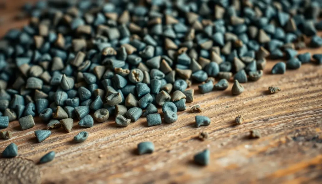 A close-up shot of a premium blue wilderness cat food blend, arranged neatly on a rustic wooden surface. The dry kibble is evenly distributed, with a few pieces scattered around to create a natural, artisanal appearance. The lighting is soft and diffused, highlighting the vibrant blue-green hues of the food. The background is slightly blurred, creating a sense of depth and focus on the main subject. The overall mood is one of high-quality, natural, and nutritious cat food, reflecting the care and attention to detail in its formulation. blue wilderness cat food