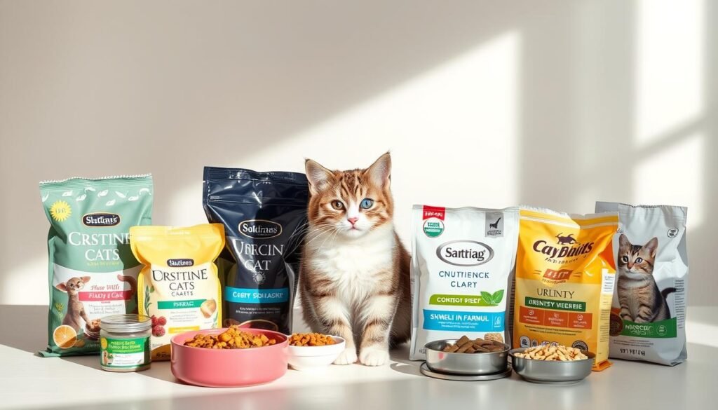 A high-quality, still-life image of an assortment of the most popular and nutritious cat food brands for picky eaters. The scene is set against a clean, minimalist background with soft, diffused lighting that enhances the textures and colors of the food packages. The arrangement features a variety of wet, dry, and specialized formulas, each highlighted with an elegant, natural presentation. The overall mood is one of quality, care, and an understanding of the unique dietary needs of finicky felines. The camera angle is slightly elevated to provide an enticing, birds-eye perspective, inviting the viewer to explore the selection of premium cat food options. A high-quality, still-life image of an assortment of the most popular and nutritious cat food brands for picky eaters. The scene is set against a clean, minimalist background with soft, diffused lighting that enhances the textures and colors of the food packages. The arrangement features a variety of wet, dry, and specialized formulas, each highlighted with an elegant, natural presentation. The overall mood is one of quality, care, and an understanding of the unique dietary needs of finicky felines. The camera angle is slightly elevated to provide an enticing, birds-eye perspective, inviting the viewer to explore the selection of premium cat food options.