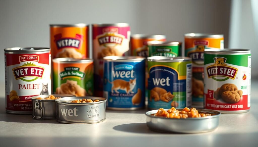 A still life arrangement featuring an assortment of high-quality wet cat food cans in a variety of flavors and textures, neatly displayed on a neutral-colored surface. The cans are illuminated by soft, diffused lighting, showcasing their vibrant labels and enticing contents. In the foreground, a couple of the cans are slightly opened, revealing the moist, appetizing-looking wet food inside. The middle ground features a mix of closed and partially opened cans, arranged in a visually pleasing manner. The background is slightly blurred, creating a sense of depth and focus on the main subject matter. The overall mood is one of convenience, nutritional value, and feline culinary delight.
