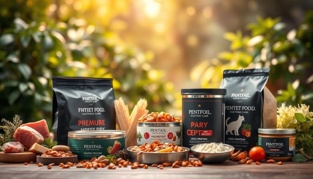 A vibrant, high-resolution still life composition showcasing the finest quality cat food. In the foreground, an artfully arranged display of premium dry and wet food products, their packaging featuring sleek, minimalist designs. The middle ground features a variety of natural, high-protein ingredients like meat, fish, and vegetables, all photographed in a warm, natural light. In the background, a soft, out-of-focus backdrop of lush, verdant foliage creates a serene, organic atmosphere. The overall scene conveys a sense of luxury, health, and care, reflecting the dedication to providing the ultimate in feline nutrition. A vibrant, high-resolution still life composition showcasing the finest quality cat food. In the foreground, an artfully arranged display of premium dry and wet food products, their packaging featuring sleek, minimalist designs. The middle ground features a variety of natural, high-protein ingredients like meat, fish, and vegetables, all photographed in a warm, natural light. In the background, a soft, out-of-focus backdrop of lush, verdant foliage creates a serene, organic atmosphere. The overall scene conveys a sense of luxury, health, and care, reflecting the dedication to providing the ultimate in feline nutrition.