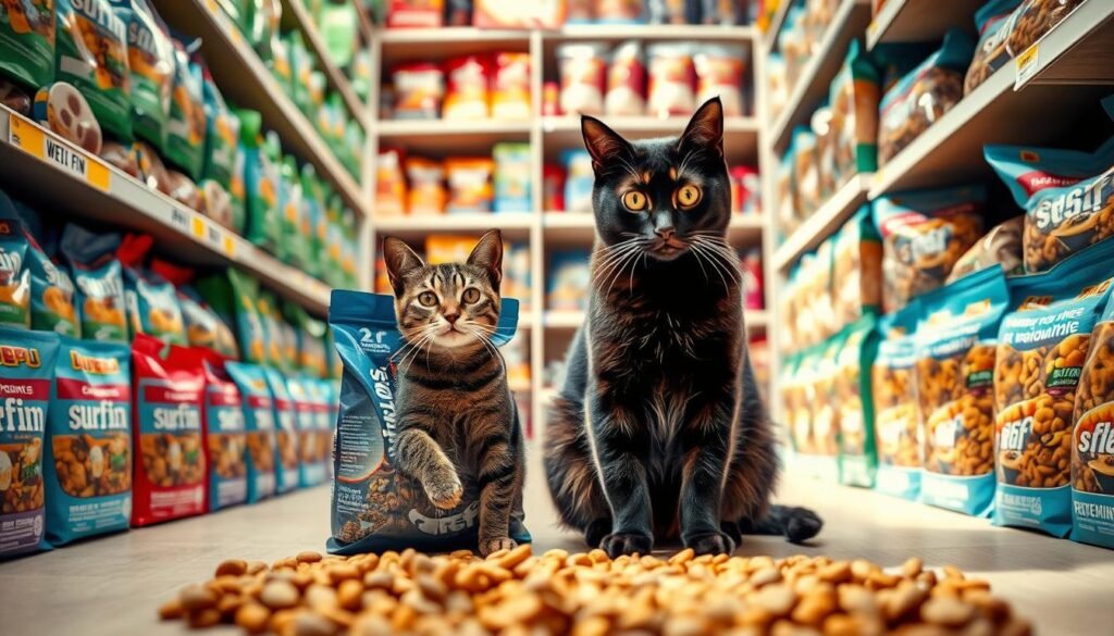 A well-stocked pet store, its shelves brimming with an array of dry cat food packages. In the foreground, a selection of premium "surfin" kibble stands out, its vibrant packaging catching the eye. A feline companion sits attentively, intrigued by the tempting treats. Soft, natural lighting bathes the scene, creating a warm and inviting atmosphere. The camera angle provides a direct, eye-level view, inviting the viewer to imagine themselves perusing the options and selecting the perfect dry food for their furry friend.