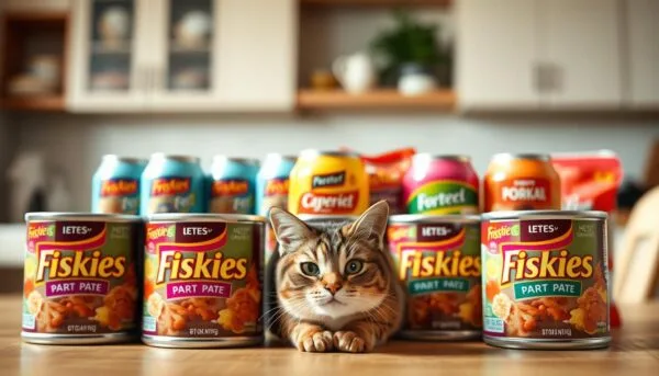 A delectable arrangement of Friskies Pate wet cat food, showcased in a natural, warm-lit setting. In the foreground, the distinctive pâté texture and vibrant colors of the Friskies Pate stand out, inviting the viewer to appreciate its appetizing appearance. The middle ground features an array of different wet cat food cans, allowing for a direct comparison of the Friskies Pate to other brands. The background subtly hints at a kitchen or dining area, creating a homely, comforting atmosphere. The lighting is soft and diffused, enhancing the overall appetizing quality of the scene. The camera angle is slightly elevated, providing a clear, unobstructed view of the subject matter. friskies pate