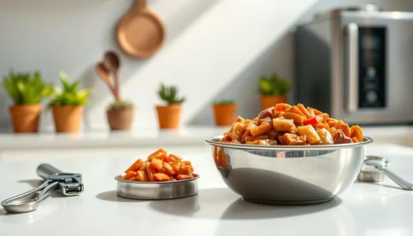 A brightly lit kitchen countertop, with a stainless steel bowl filled with moist, high-quality wet cat food. The bowl is placed on a clean, white surface, alongside a can opener, a small spoon, and a set of measuring cups. The lighting is warm and natural, casting soft shadows and highlighting the vibrant colors of the food. In the background, a few potted plants and a sleek, modern appliance add a touch of greenery and minimalist design. The overall atmosphere is one of cleanliness, organization, and attention to detail, conveying the importance of proper wet cat food storage and handling. how long can wet cat food sit out