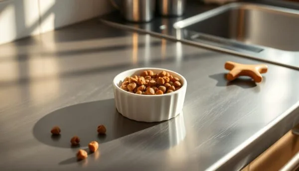 A gleaming stainless steel kitchen counter, with a small ceramic bowl filled with wet cat food sitting in the center. Soft, natural lighting illuminates the scene, casting gentle shadows and highlighting the moist texture of the food. The bowl is surrounded by a few scattered cat toys, hinting at the presence of a feline companion. The overall mood is one of domestic tranquility, inviting the viewer to consider the longevity of this particular meal for their furry friend. how long can wet cat food sit out