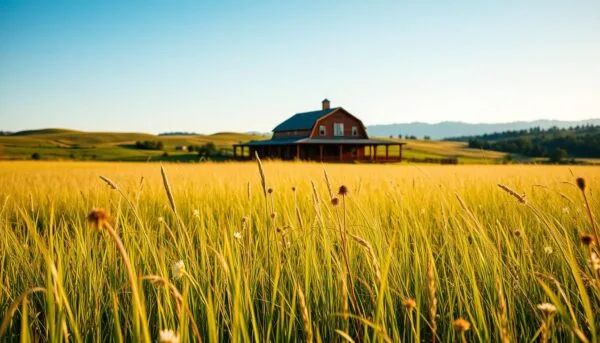 a lush, open prairie landscape with a meadow of tall grasses and wildflowers in the foreground, gently swaying in the warm, summer breeze. In the middle ground, a rustic, wooden farmhouse with a wrap-around porch comes into view, surrounded by rolling hills and a clear, blue sky. The lighting is soft and natural, casting a warm, golden glow over the scene. In the background, the silhouettes of distant trees and mountains can be seen, creating a sense of depth and tranquility. The overall mood is one of peaceful, pastoral beauty, reflecting the high-quality, natural ingredients of Open Farm's dry cat food and mixers. best cat dry food