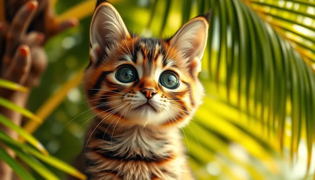 A photorealistic close-up portrait of a tikicat, a feline with large round eyes, a short snout, and fluffy brown and tan fur. The cat is situated in a bright, warm-toned tropical environment, with lush green foliage and palm fronds in the background. Soft, diffused lighting illuminates the cat's features, highlighting the playful expression and the curious tilt of its head. The depth of field is shallow, keeping the cat in sharp focus while blurring the background. The overall mood is one of whimsical wonder and tranquility, inviting the viewer to appreciate the tikicat's unique charm and beauty. tikicat