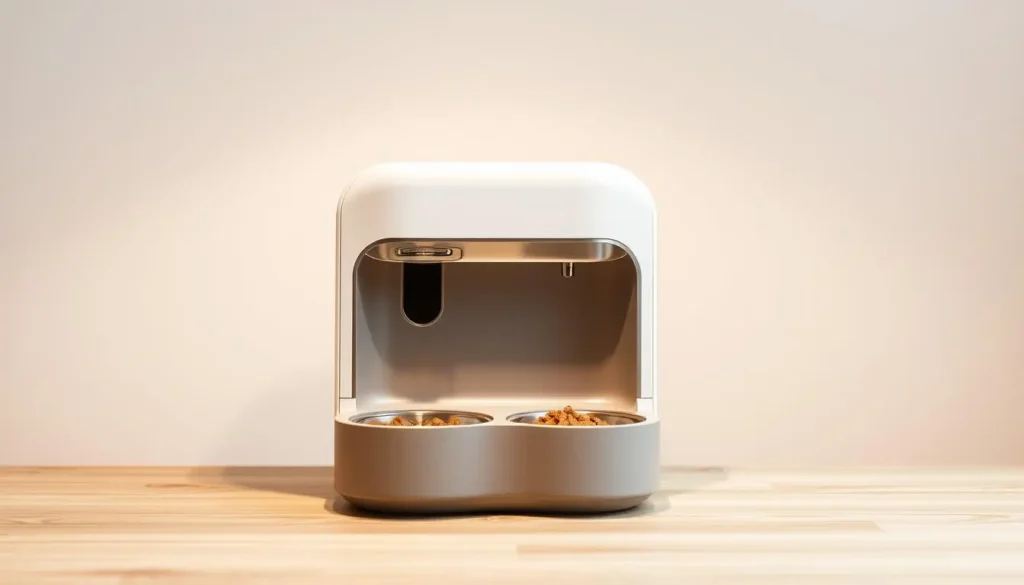 A sleek, modern cat food dispenser standing on a wooden tabletop. The dispenser has two compartments, one for wet food and one for dry food, with a clean, minimalist design in neutral tones. The wet food compartment has a polished stainless steel finish, while the dry food compartment is made of a durable, matte plastic material. Soft, diffused lighting from overhead illuminates the scene, casting gentle shadows and highlighting the textures of the materials. The dispenser is placed against a simple, light-colored background, allowing the device to be the focal point of the image. The overall composition emphasizes the functionality and aesthetic appeal of this high-quality, automatic cat food dispenser. cat wet and dry food dispenser