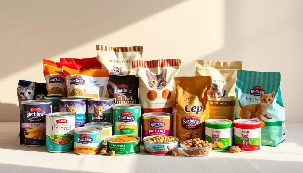 A neatly arranged spread of the best kitten food options, including cans, bags, and containers in a variety of flavors and textures. The items are photographed in a natural, softly-lit studio setting with a simple, neutral background, allowing the products to be the focal point. The lighting creates warm, gentle shadows and highlights the quality and variety of the kitten foods. The image conveys a sense of care, nutrition, and the desire to provide the optimal sustenance for a growing feline companion. best kitten food