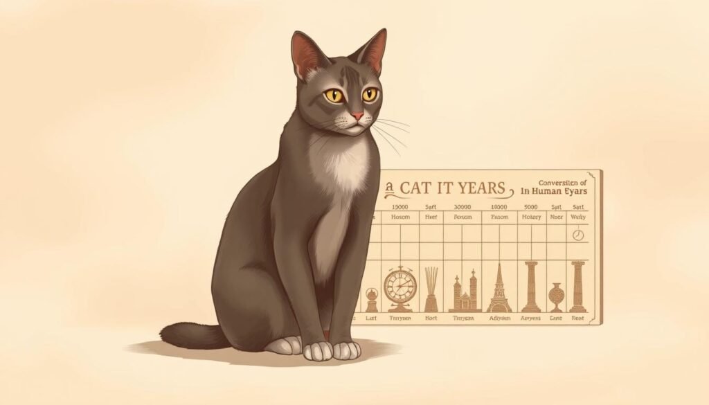A detailed and sophisticated illustration showcasing the conversion of cat years to human years. In the foreground, a sleek and elegant feline sits regally, its paws resting on a vintage-inspired chart that displays the correlation between cat and human ages. The chart, rendered in warm sepia tones, features intricate line work and vintage-inspired graphics. The background is a soft, hazy gradient, allowing the chart and cat to take center stage. The lighting is soft and diffused, creating a sense of depth and dimension. The overall aesthetic is a harmonious blend of classic and contemporary, reflecting the timeless nature of the subject matter. A detailed and sophisticated illustration showcasing the conversion of cat years to human years. In the foreground, a sleek and elegant feline sits regally, its paws resting on a vintage-inspired chart that displays the correlation between cat and human ages. The chart, rendered in warm sepia tones, features intricate line work and vintage-inspired graphics. The background is a soft, hazy gradient, allowing the chart and cat to take center stage. The lighting is soft and diffused, creating a sense of depth and dimension. The overall aesthetic is a harmonious blend of classic and contemporary, reflecting the timeless nature of the subject matter.