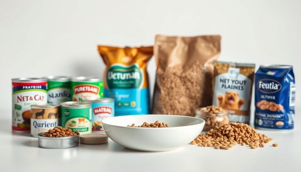 A meticulously styled still life comparison of wet and dry cat food varieties, captured in soft, natural lighting. The foreground features an assortment of cans and bags, arranged with care to showcase their textures and colors. In the middle ground, a sleek, modern ceramic dish holds a sample of each food type, inviting closer inspection. The background is a minimalist, white backdrop, allowing the subject to take center stage. The overall composition exudes a sense of refined elegance, highlighting the nutritional differences between the wet and dry options in a visually compelling manner. A meticulously styled still life comparison of wet and dry cat food varieties, captured in soft, natural lighting. The foreground features an assortment of cans and bags, arranged with care to showcase their textures and colors. In the middle ground, a sleek, modern ceramic dish holds a sample of each food type, inviting closer inspection. The background is a minimalist, white backdrop, allowing the subject to take center stage. The overall composition exudes a sense of refined elegance, highlighting the nutritional differences between the wet and dry options in a visually compelling manner.