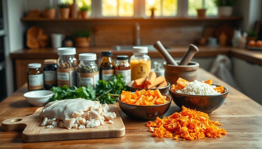 A neatly arranged wooden table with a variety of fresh, wholesome ingredients for homemade cat food. In the foreground, a cutting board showcases chopped chicken, shredded carrots, and diced sweet potatoes. A bowl of cooked rice sits nearby, steam rising gently. In the middle ground, jars of supplements and vitamins stand alongside a mortar and pestle for grinding herbs. The background features a bright, airy kitchen with natural lighting streaming through large windows, conveying a sense of ease and simplicity. The overall mood is one of a healthy, homemade meal being carefully prepared for a beloved feline companion. A neatly arranged wooden table with a variety of fresh, wholesome ingredients for homemade cat food. In the foreground, a cutting board showcases chopped chicken, shredded carrots, and diced sweet potatoes. A bowl of cooked rice sits nearby, steam rising gently. In the middle ground, jars of supplements and vitamins stand alongside a mortar and pestle for grinding herbs. The background features a bright, airy kitchen with natural lighting streaming through large windows, conveying a sense of ease and simplicity. The overall mood is one of a healthy, homemade meal being carefully prepared for a beloved feline companion.