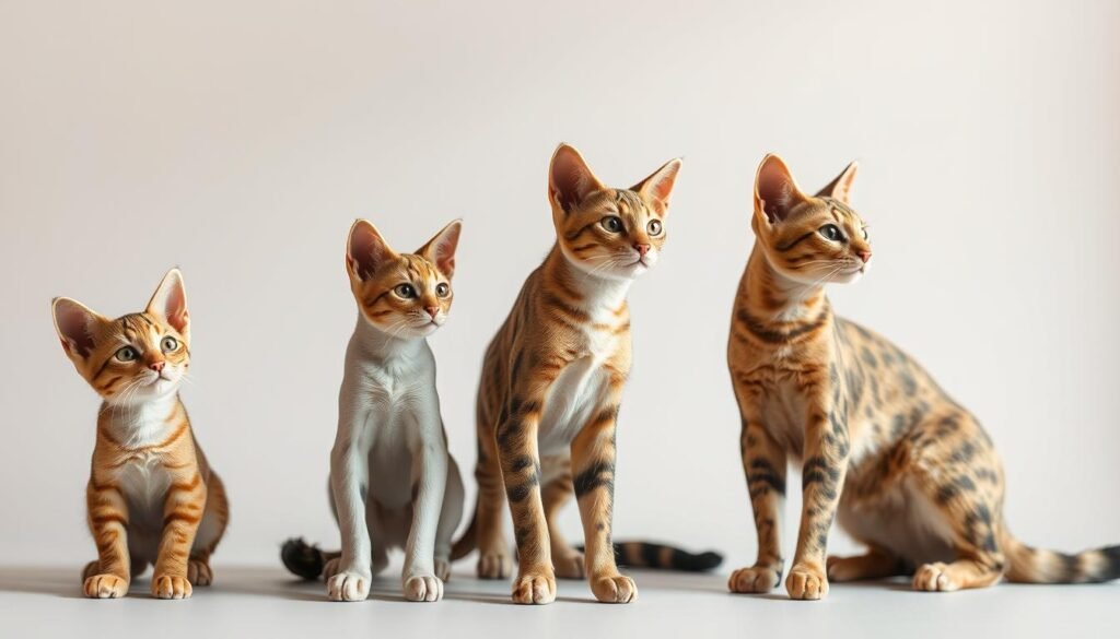 A series of feline figures representing the distinct growth stages of a cat's life cycle, from kitten to mature adult. Rendered in a realistic, detailed style with accurate anatomical proportions. Staged against a neutral, minimalist background to place emphasis on the subjects. Bright, natural lighting from the side to accentuate the forms and textures. Captured at eye level to convey a sense of intimacy and closeness. The poses and expressions of the cats gradually evolve, reflecting the increasing maturity and confidence of the animal as it ages. A series of feline figures representing the distinct growth stages of a cat's life cycle, from kitten to mature adult. Rendered in a realistic, detailed style with accurate anatomical proportions. Staged against a neutral, minimalist background to place emphasis on the subjects. Bright, natural lighting from the side to accentuate the forms and textures. Captured at eye level to convey a sense of intimacy and closeness. The poses and expressions of the cats gradually evolve, reflecting the increasing maturity and confidence of the animal as it ages.