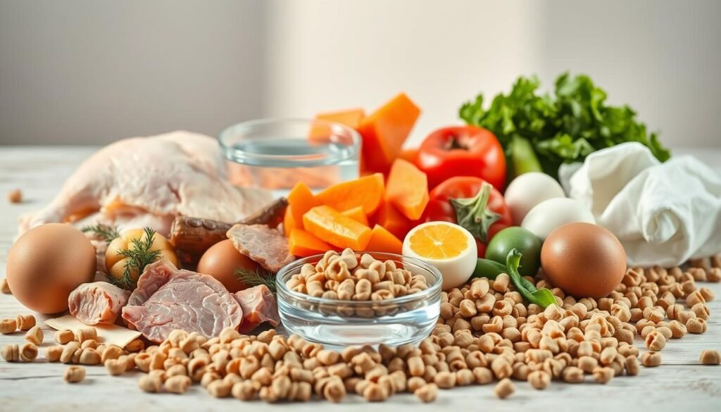 A still life scene depicting the essential nutrients for a healthy cat diet. In the foreground, a selection of cat food ingredients such as cooked chicken, fish, eggs, organ meats, vegetables, and supplements like taurine and vitamin B12. The middle ground showcases a bowl of fresh water and a scattering of dry kibble. In the background, a soft, natural lighting illuminates the scene, creating a warm, inviting atmosphere. The arrangement is meticulously composed, emphasizing the nutritional balance and variety required for a feline's wellbeing. A still life scene depicting the essential nutrients for a healthy cat diet. In the foreground, a selection of cat food ingredients such as cooked chicken, fish, eggs, organ meats, vegetables, and supplements like taurine and vitamin B12. The middle ground showcases a bowl of fresh water and a scattering of dry kibble. In the background, a soft, natural lighting illuminates the scene, creating a warm, inviting atmosphere. The arrangement is meticulously composed, emphasizing the nutritional balance and variety required for a feline's wellbeing.