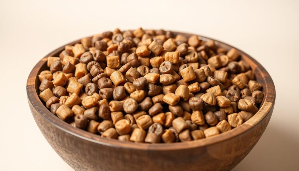 A well-lit still life of a wooden bowl filled with various types of dry cat food pellets, including brown, tan, and orange-colored pieces. The pellets are arranged in an aesthetically pleasing pattern, highlighting their uniform shape and texture. In the background, a simple beige or white backdrop creates a clean, minimalist atmosphere, allowing the cat food to be the focal point. The lighting is soft and diffused, creating gentle shadows and highlights that accentuate the texture and details of the dry food. The overall composition conveys the advantages of dry cat food, such as its convenience, long shelf life, and nutritional benefits. A well-lit still life of a wooden bowl filled with various types of dry cat food pellets, including brown, tan, and orange-colored pieces. The pellets are arranged in an aesthetically pleasing pattern, highlighting their uniform shape and texture. In the background, a simple beige or white backdrop creates a clean, minimalist atmosphere, allowing the cat food to be the focal point. The lighting is soft and diffused, creating gentle shadows and highlights that accentuate the texture and details of the dry food. The overall composition conveys the advantages of dry cat food, such as its convenience, long shelf life, and nutritional benefits.