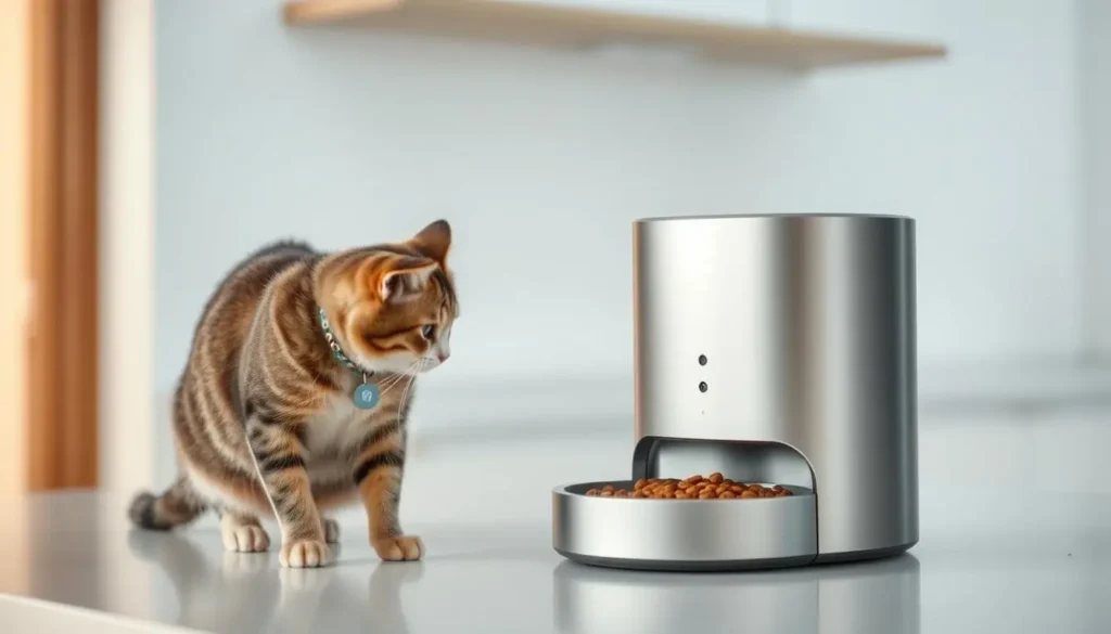 A sleek and modern RFID cat feeder standing prominently on a kitchen counter, its metallic surface gleaming under soft, indirect lighting. The feeder's compact, cylindrical design is complemented by a minimalist user interface, featuring a discreet RFID sensor and a subtle display panel. In the foreground, a curious cat approaches the device, its collar tag triggering the automatic dispensing of a portion of high-quality cat food into the feeder's bowl. The scene conveys a sense of convenience and effortless pet care, set against a clean, uncluttered background that allows the RFID cat feeder to be the focal point. rfid cat feeder