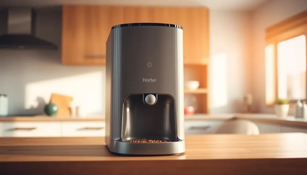 A sleek, modern cat food dispenser stands prominently in the foreground, its smooth, polished surface catching the warm, natural light filtering in from a nearby window. The dispenser's design features a prominent hopper for dry food storage, with a smooth, easy-to-use control panel on the front for programming feeding schedules. In the middle ground, the dispenser is placed on a clean, minimalist wooden countertop, hinting at a well-appointed kitchen or utility space. The background is softly blurred, suggesting a comfortable, domestic setting, perhaps with subtle hints of other pet-related accessories or décor. The overall mood is one of practical functionality and contemporary style, perfectly suited to showcase this versatile cat feeding solution. cat wet and dry food dispenser
