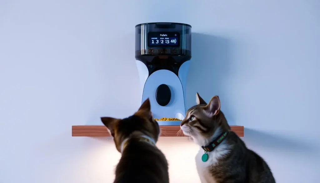 A sleek and modern wifi-enabled cat feeder sits atop a wooden shelf against a minimalist white wall. The feeder's curved design features a clear food hopper and a digital display showing feeding schedules and connectivity status. Soft ambient lighting illuminates the scene, creating a warm and inviting atmosphere. In the foreground, a curious cat peers at the feeder, its collar subtly indicating an RFID tag for automatic identification and portion control. The overall composition conveys a sense of seamless integration between technology and pet care, highlighting the convenience and precision of this smart feeding solution. rfid cat feeder