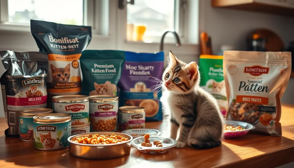 A cozy kitchen counter, bathed in warm, natural light. On the surface, an array of freshly opened cans and bags of premium kitten food. Meat-based pâtés, bite-sized kibble, and soft pouches of flavorful stew. The packaging features vibrant colors and playful illustrations, enticing the viewer. In the foreground, a curious kitten sits, its head cocked to the side, its eyes fixed on the tempting spread. The scene exudes a sense of nurturing care, as if the human is thoughtfully selecting the best options to support the kitten's growing needs. The overall mood is one of wholesome, feline-centric nutrition. best kitten food