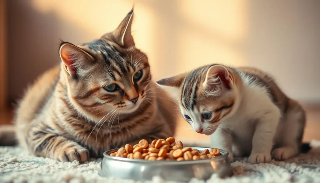 A peaceful kitchen scene with an adult cat and a dish of kitten food. The cat is sitting alert, eyeing the food cautiously. Soft, diffused lighting illuminates the scene, creating a warm, contemplative atmosphere. The background features a tidy kitchen counter and appliances, emphasizing the domestic setting. The composition draws the viewer's attention to the cat's pensive expression, hinting at the potential risks of feeding adult cats kitten food. Detailed textures, subtle shadows, and a slightly shallow depth of field enhance the realism and artistic quality of the image. Can Adult Cats Eat Kitten Food