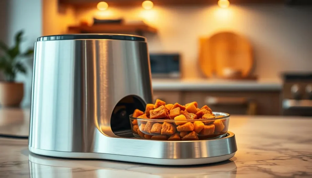 A sleek, modern cat feeder wet food dispenser sits on a clean, minimalist kitchen counter. Sunlight streams in through large windows, casting a warm, natural glow on the stainless steel device. The dispenser's intuitive digital display and programmable settings are highlighted, showcasing its advanced automation capabilities. Streamlined feeding trays in the foreground await the next meal, while the background features a tidy, organized kitchen space. The overall scene conveys a sense of efficiency, convenience, and care for the feline companion's dining experience. automatic cat feeder wet food