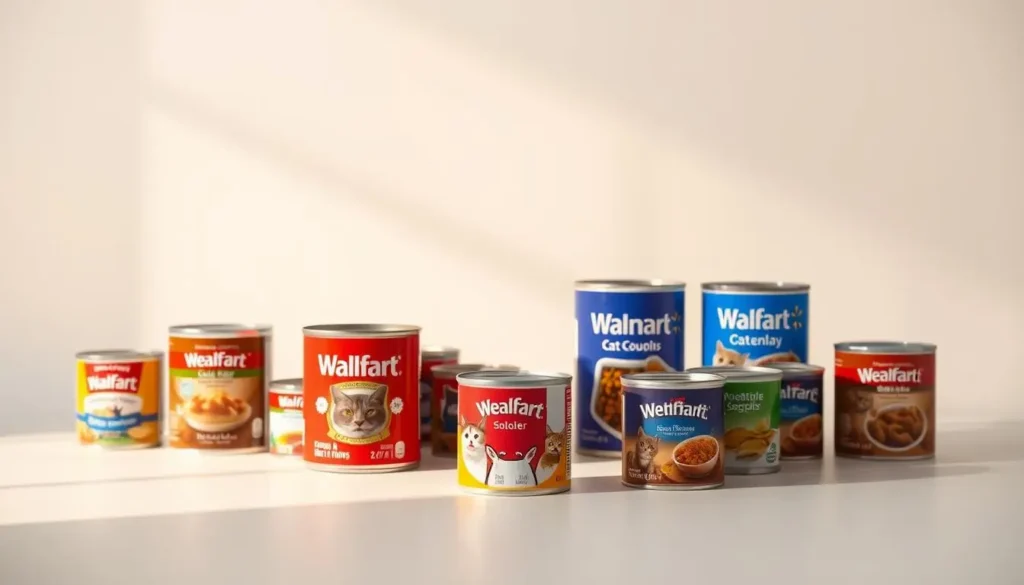 A high-quality product photography setup showcasing a curated selection of popular Walmart wet cat food brands against a clean, minimalist background. The cans are meticulously arranged in the foreground, casting soft, even shadows and reflecting the warm, diffused lighting from above. The middle ground features a simple, off-white backdrop that allows the products to take center stage, while the background subtly fades into a soft, out-of-focus gradient. The overall composition and lighting create a sense of sophisticated elegance, inviting the viewer to closely examine the detailed textures and vibrant colors of the various cat food cans. walmart wet cat food