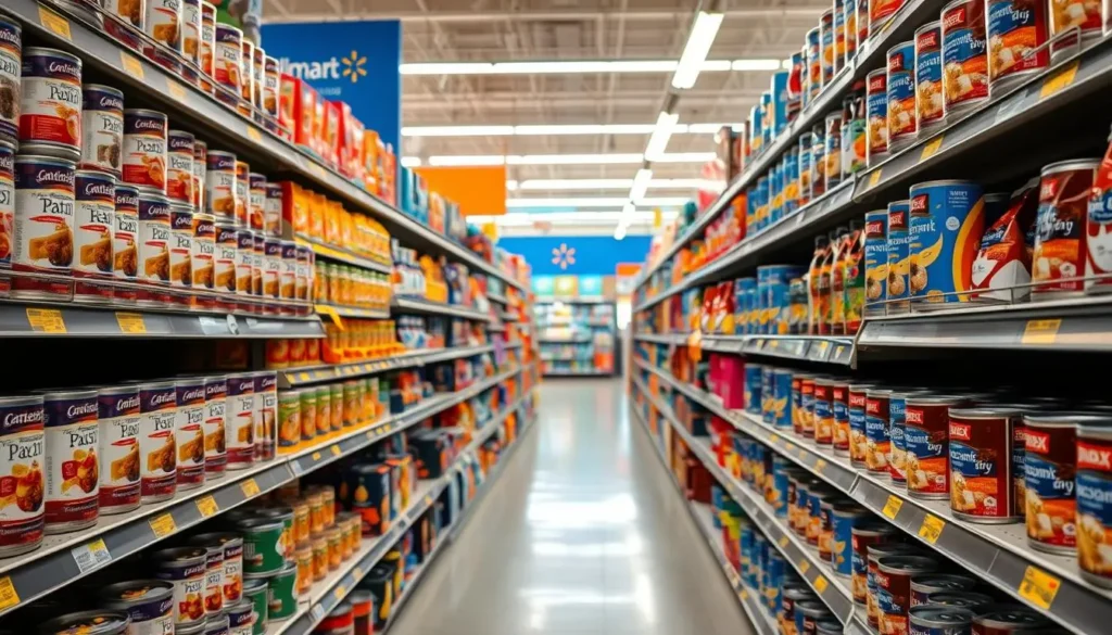 A brightly lit aisle in a Walmart supermarket, shelves stocked with a wide variety of wet cat food options. In the foreground, several cans and pouches of different flavors and textures, arranged neatly. The middle ground features various brands and formulations, each with its own distinct packaging and design. In the background, a sense of depth and scale, showcasing the extensive selection available to discerning cat owners. The lighting is warm and inviting, creating a sense of abundance and choice. The overall atmosphere is one of a well-stocked, high-quality pet food section, catering to the diverse needs and preferences of feline companions. walmart wet cat food