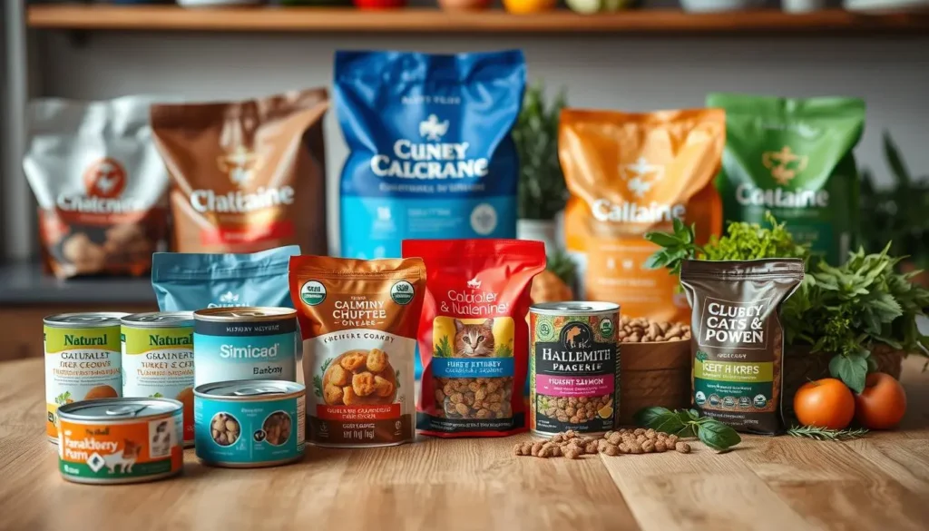 A well-lit, high-quality still life photograph showcasing an array of healthy cat food options on a wooden table. In the foreground, a variety of natural, grain-free wet food cans and pouches in flavors like chicken, turkey, and salmon are arranged. In the middle ground, an assortment of dry food kibble bags in different sizes, featuring high-quality protein sources and minimal fillers. In the background, fresh vegetables, herbs, and other natural, nutritious ingredients that can be incorporated into a feline's diet are visible. The lighting is soft and diffused, creating a warm, inviting atmosphere that highlights the quality and appeal of the displayed cat food products. is sheba cat food good