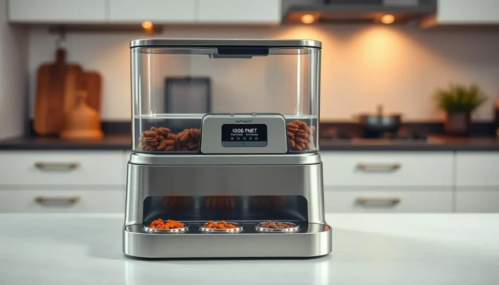 An automatic wet cat food feeder sitting on a kitchen counter, its sleek and modern design in brushed stainless steel gleaming under warm, diffused lighting. The feeder's transparent lid reveals the individual serving trays, each filled with a different flavor of premium wet cat food. The feeder's control panel displays the programmed feeding schedule, allowing the cat owner to easily set and monitor their feline's meals. In the background, a minimalist kitchen with clean lines and earthy tones provides a simple, uncluttered backdrop, allowing the feeder to take center stage as the focal point. The entire scene conveys a sense of convenience, reliability, and care for the cat's nutritional needs. automatic cat feeder wet food